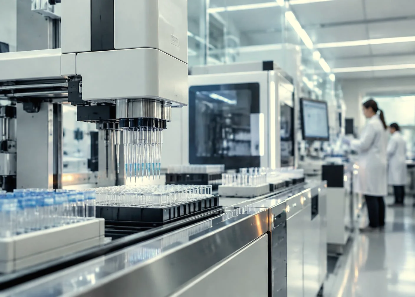 Automated laboratory pipeline with robotic liquid handling and sample testing systems