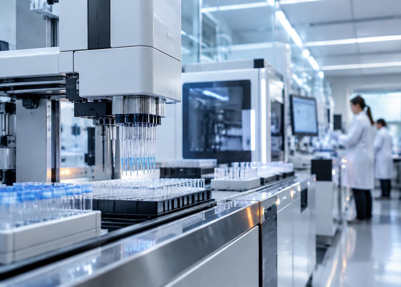 Automated laboratory pipeline with robotic liquid handling and sample testing systems