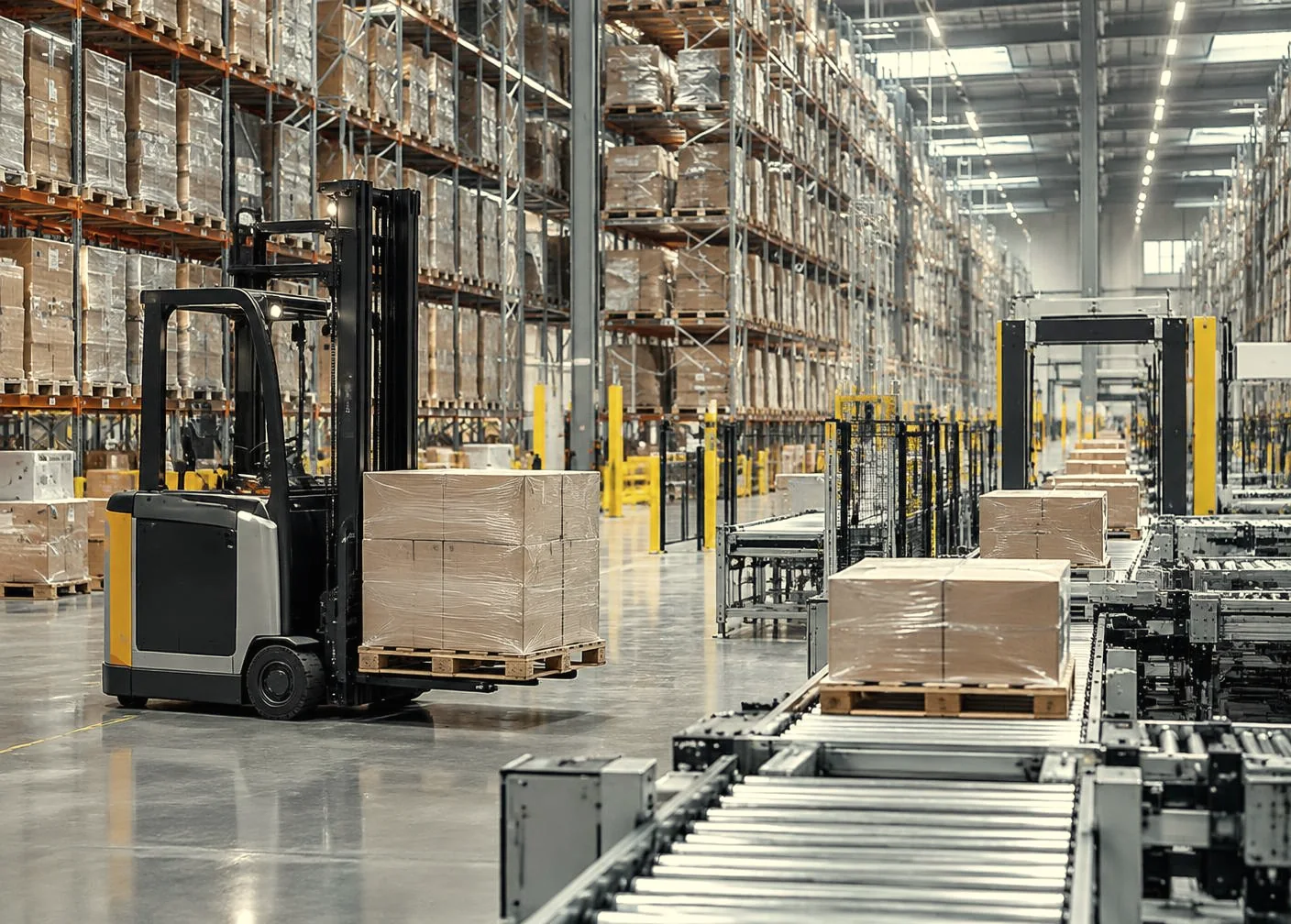 Forklift, pallets and automated conveyors inside a modern distribution center