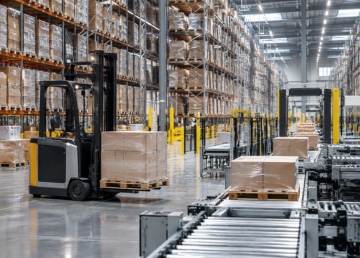 Forklift, pallets and automated conveyors inside a modern distribution center