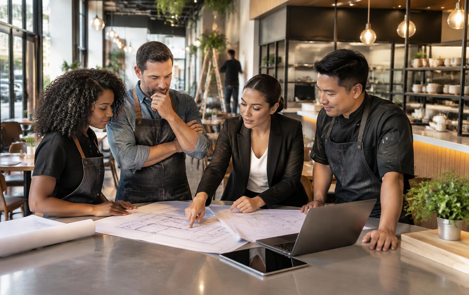 Entrepreneur and restaurant team reviewing plans for a new franchise location