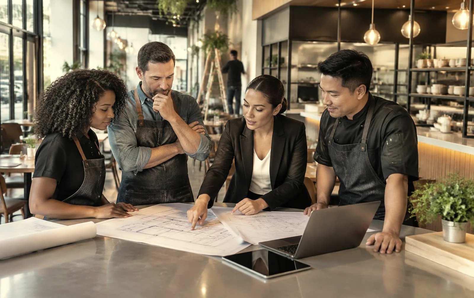 Entrepreneur and restaurant team reviewing plans for a new franchise location