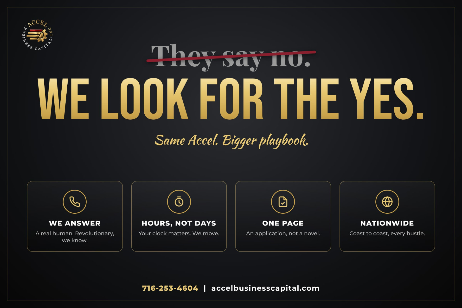 “They say no. We look for the yes.” with four features: we answer the phone, hours not days, one-page application, nationwide.